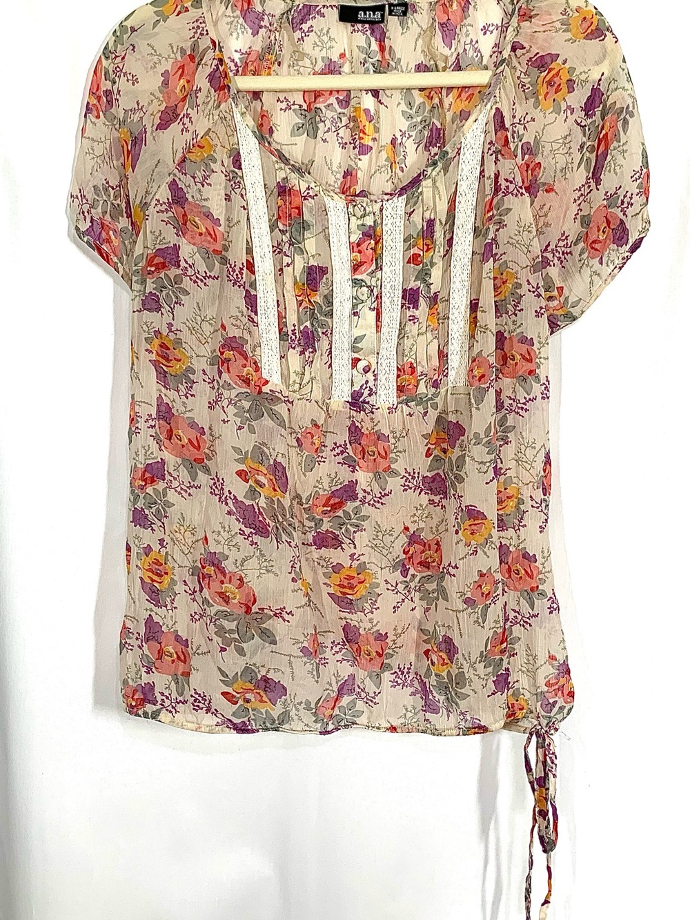 a.n.a Cream Floral Lace-Trim Tie-Hem Blouse